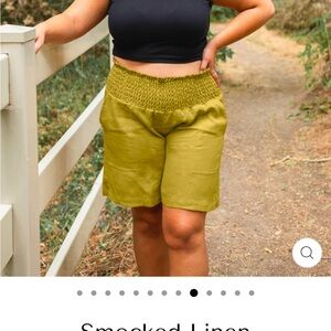 Olive Green Smocked Linen Women's Shorts